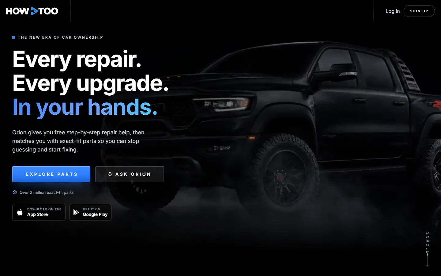 HowToo’s home page on a laptop: “Every repair. Every upgrade. In your hands.” beside a black pickup truck.