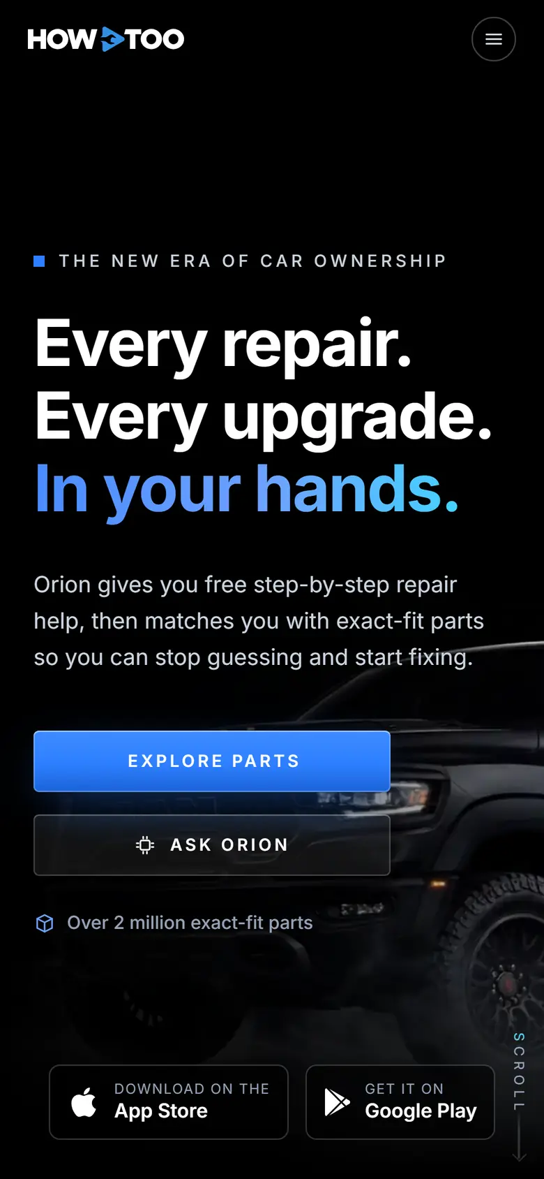 HowToo’s home page on a phone, with the same headline and buttons to explore parts or ask Orion.