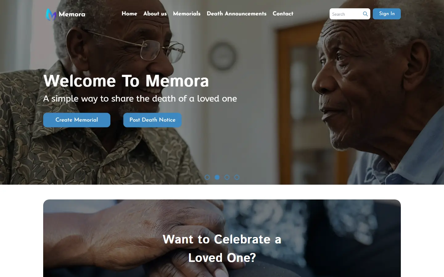 Memora’s home page on a laptop: “Welcome to Memora: a simple way to share the death of a loved one”, with buttons to create a memorial or post a death notice.