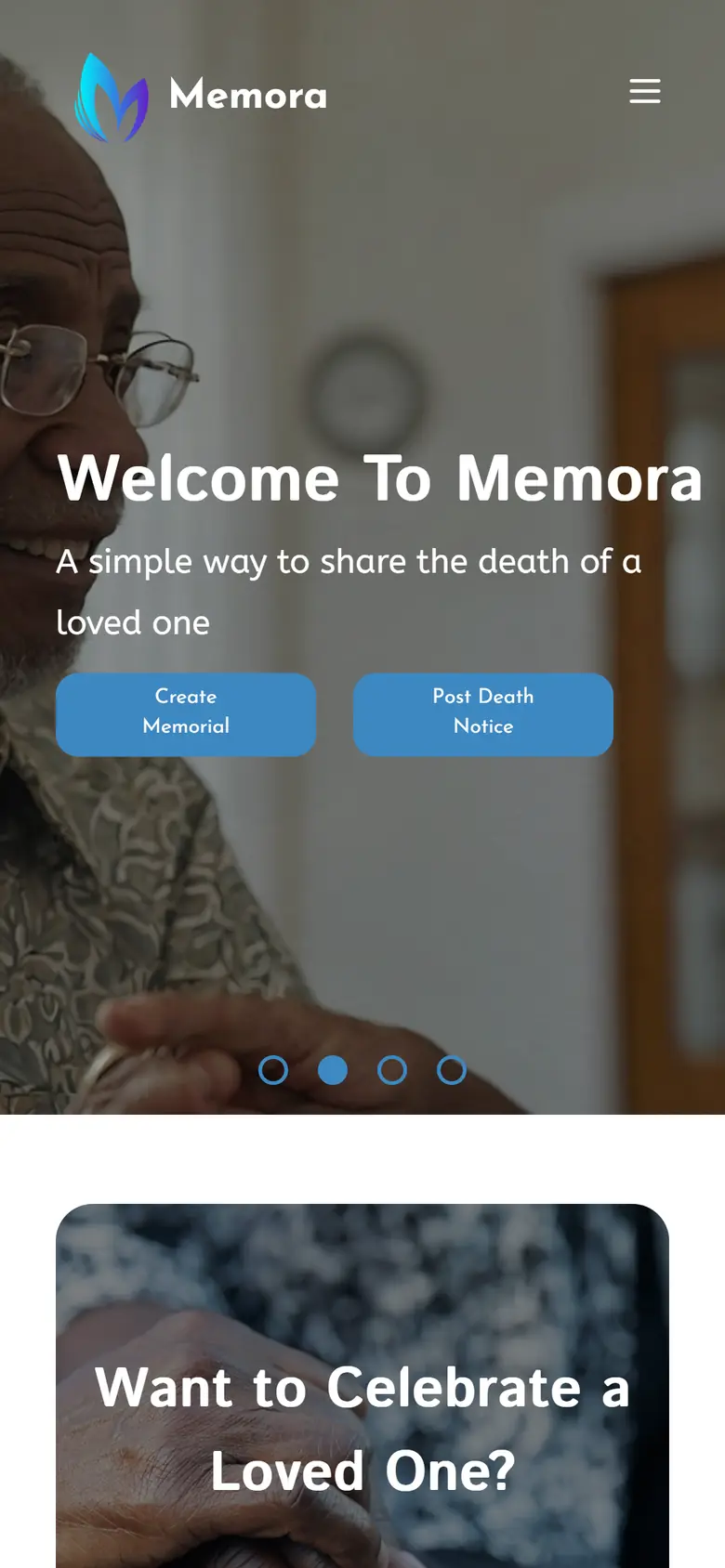 Memora’s home page on a phone, with the same welcome and the two buttons stacked.